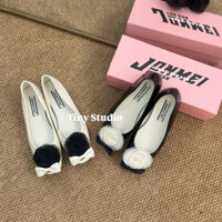 (SẵN 1 số sz) Giày búp bê đính hoa trà da lì hai màu đen trắng tiểu thư hàn quốc