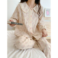 [SẴN] 686_ Váy ngủ nữ, bộ ngủ pijama dài tay hoa nhí màu hồng phấn chất cotton | Hàng QCCC | 9scat