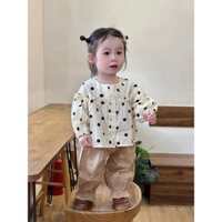 (Sẵn 80,90) Set Áo Dài Tay Cổ Tròn Hoạ Tiết Chấm Bi+ Quần Dài Gấu Bo Chun Dành Cho Bé Gái Phong Cách Hàn Quốc