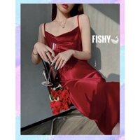 (SẴN+ẢNH THẬT) Đầm Lụa Hai Dây Xẻ Tà Cao Cổ Trễ Satin Đỏ Dáng Dài Dành Cho Nữ Phong Cách Hàn Quốc Nữ Tính FISHY