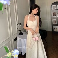 [SẴN - ẢNH THẬT Ở CUỐI] Váy cổ yếm buộc dây chất gấm in hoa nổi dáng dài xoè nhẹ