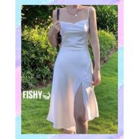 (SẴN+ẢNH THẬT+THIẾT KẾ SỐ ĐO) Đầm Hai Dây Lụa Nữ Dáng Dài Hai Màu Đen Trắng Thiết Kế Cổ Trễ Xẻ Tà Lệch Vạt Gợi Cảm FISHY