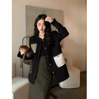 [Sẵn] Áo Dạ Tweed Áo Khoác Dạ Nữ Form Rộng Dáng Dài Màu Đen Áo Vest Nữ Dài Tay Cổ Tròn Vải Tweed Áo Khoác Thu Đông AD151