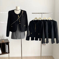 (Sẵn) Áo dạ tweed nữ đính cúc đồng, áo khoác nữ màu đen