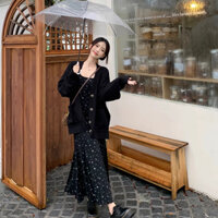 (Sẵn) Áo khoác cardigan len dài tay,  Set áo cardigan len + váy 2 dây hoa nhí dáng dài hàng order taobao