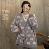 (Sẵn) Áo khoác cardigan len màu xanh da trời họa tiết cừu trắng trẻ trung dễ thương