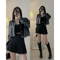 [SẴN] ÁO KHOÁC DA DÁNG CROPTOP DÀI DAY CÚC BẤM HACK DÁNG