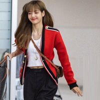 (Sẵn) Áo khoác len cardigan tông đỏ - đen Lisa có cầu vai kiểu dáng cổ điển sang trọng