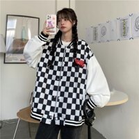 SẴN Áo khoác nam nữ caro kẻ sọc trắng đen form rộng tay dài kiểu bóng chày ulzzang