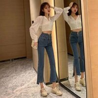 (Sẵn áo) Set đồ xuân hè - Áo croptop trắng ren hoa retro tay bồng - Quần jeans cạp cao ống loe xẻ tà xinh xắn
