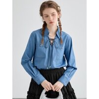 (Sẵn) Áo sơ mi denim buộc dây kiểu retro