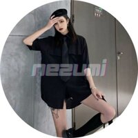 (Sẵn) Áo sơ mi tay lỡ túi hộp đen trơn form rộng unisex + tặng kèm cà vạt