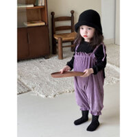 Sẵn Áo100 (Galakoko) Set Áo Dài Tay Cổ Cao Màu Đen+ Yếm Quần Màu Tím Dành Cho Bé Gái Phong Cách Hàn Quốc