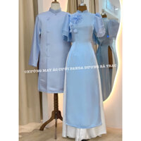 [SẴN BIGSIZE 4XL, ẢNH THẬT] CẶP ÁO DÀI NAM TAFTA NỮ VOAN TƠ 4 TÀ KẾT HOA MÀU XANH MẶC BÊ BƯNG QUẢ, ĐI TIỆC, CƯỚI HỎI