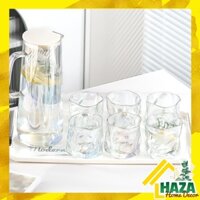 (SẴN) Bộ bình nước và 6 ly cốc uống nước thủy tinh chịu nhiệt kèm khay nhựa đựng cốc