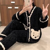 (Sẵn) Bộ Ngủ Cadigan Túi Gấu Viền Trắng Đen Cực Ấm#27