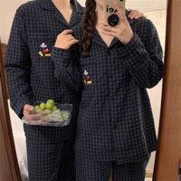 [SẴN] Bộ ngủ Nam Nữ Micky caro đũi Hàn dài tay cổ vest xanh than mặc nhà