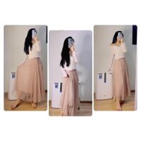 (sẳn) chân váy xếp ly voan lụa 2 lớp màu hồng xinh sang