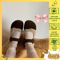 [SẴN + CHUẨN HÀNG QC] Giày búp bê bale mũi tròn phối ren màu nâu xinh sáng chân êm chân cho nữ