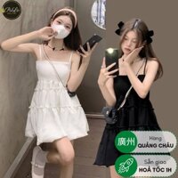 SĂN Đầm 2 dây váy babydoll bo ngực tùng 3 tầng phối bèo đen / trắng cho nàng đi chơi, dạo phố D508