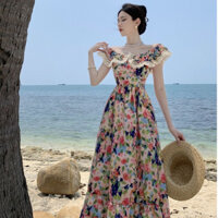 (Sẵn) Đầm Maxi Trễ Vai Viền Bèo Họa Tiết Tranh Sơn Dầu Form Chuẩn, Phong Cách Hàn Quốc Dễ Thương Cho Nữ, Thoáng Mát 149