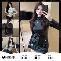(Sẵn đen, bạc S M) Áo croptop cổ 3p dài tay ôm body đen bạc da PU phong cách Hàn Quốc tập nhảy sexy dance