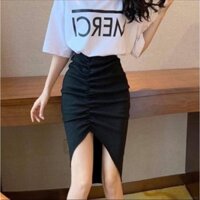 (Sẵn đen) Chân váy dài midi ôm body xẻ tà dây rút nữ trơn thun - Order taobao quảng châu