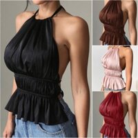 (SẴN ĐEN - NÊN MUA LÙI 1 SIZE SO VỚI THƯỜNG MẶC - ORDER SHEIN) NOMY TOP - Áo croptop kiểu yếm cột dây vải phi bóng Y2K