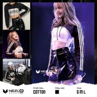 (Sẵn đen S M L_ảnh thật) Áo hoodie croptop Lisa dài tay hở ngực chữ phản quang KL (dance, gym)