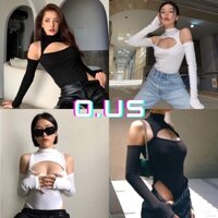 (Sẵn đen, trắng) Áo bodysuit dài tay cắt hở ngực, vai quyến rũ thể thao Châu Âu, áo tập nhảy sexy dance, gym đen trắng