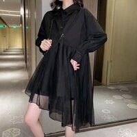 (Sẵn đen, trắng S) Váy xòe suông cổ sơ mi đuôi tôm cá tính, đầm bầu