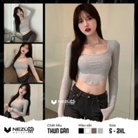 (Sẵn Đen, Trắng, Xám nhạt, Nâu S M L) Áo thun croptop nữ dài tay cổ vuông ôm body cotton Châu Âu sexy dance tập gym