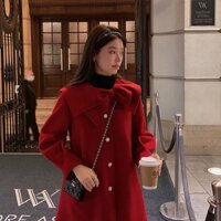 (Sẵn đỏ, đen cổ trắng) Áo khoác dạ dáng suông cổ cách điệu nơ đại trẻ trung dễ thương