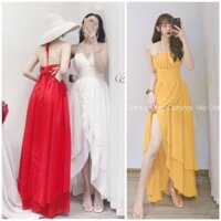 Sẵn đỏ trắng Váy maxi hai dây hở lưng xẻ đùi / váy maxi cổ yếm  boho đỏ trắng  ྇ ་