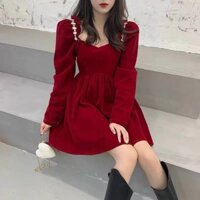 [SẴN ĐỎ]MINA DRESS Đầm nhung QUẢNG CHÂU dài tay đính đá phong cách cổ điển thanh lịch SAM SAM BOUTIQUE