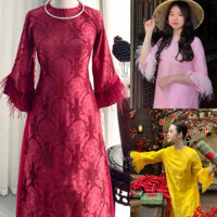 [SẴN ĐỦ MÀU CÓ BIGSIZE] ÁO DÀI NỮ LỤA GẤM/T.Ơ T.ẰM HỶ FORM SUÔNG TAY KẾT NGỌC LÔNG VŨ ĐỦ MÀU CAO CẤP ĐI TIỆC CƯỚI HỎI