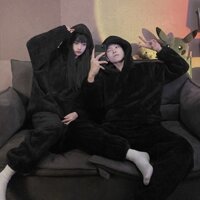 (Sẵn đủ size) Bộ ngủ nỉ bông đen trơn đôi nam nữ áo hoodie có mũ + quần jogger pijama siêu dày ấm thể thao unisex
