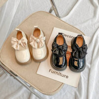 [SẴN] Giày Búp Bê Da Bé Gái, Giày Bệt Đế Mềm Phong Cách Vintage, Giày Bé Gái Phối Nơ Màu Trơn Xinh Xắn - AMI