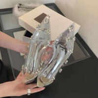 [Sẵn] Giày búp bê mũi nhọn đính đá trong suốt đế bệt