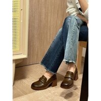 [Sẵn] Giày Loafer Nữ Đế Cao Mũi Vuông Da Mềm Màu Nâu Vintage Retro Kiểu Hàn Quốc Thu Đông Đi Học Đi Chơi Đi Làm G085