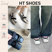 (Sẵn) Giày sục sandal C mũi vuông đính nơ phối quai ngang hở gót hai màu đế bệt 1cm Fullbox 𝟴𝟭𝟮𝟱-𝟭