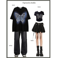 [Sẵn] GREYCIE Set đồ đôi couple áo phông hình bướm quần jeans unisex đen croptop chân váy ngắn xòe cá tính S57