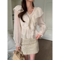 (Sẵn) HACHIE Áo sơ mi kiểu dài tay cổ tim phối bèo chất voan