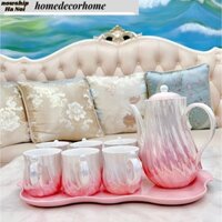 (Sãn Hàng) Bộ uống trà,ấm chén 7 Sắc Trắng Viền Vẽ Vàng kèm khay Gốm Sứ Giang Tây cao cấp