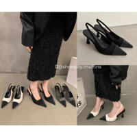 (SẴN HÀNG) Giày cao gót nữ đế 5cm mũi nhọn dạ tweed phối màu cơ bản phong cách thanh lịch 2023