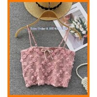 [Sẵn Hàng]♥️Áo Croptop Hồng Hoa Ren Nổi(ảnh thật)Vzsize Dưới 55kg
