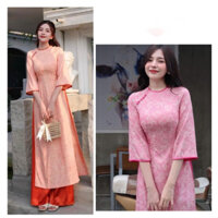 [Sẵn hàng]Áo dài cách tân, áo Dài NEWMOON cổ tròn viền hồng sen, đính cúc cách điệu hoạ tiết gấm hoa Hot 2024 mãTLTN0018