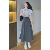 (sẵn HCM) sét áo sơ mi cánh dơi váy mango đũi siêu xinh hack dáng năng động thích hợp đi chơi café hẹn hò