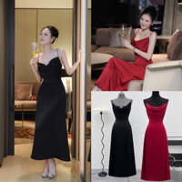 [Sẵn - Hoả Tốc] Đầm maxi lụa 2 dây cổ đỗ đỏ quyến rũ thanh lịch cho nàng dự tiệc noel Tết