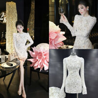 [Sẵn - Hoả Tốc] Đầm ren body thêu kết hoa nổi dài tay dáng ngắn nữ tính thanh lịch